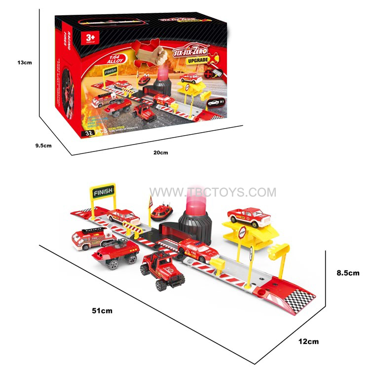Ejection alloy car fire set with plastic railway toys